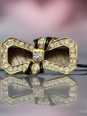 Vintage Rhinestone Black and Gold Bow Swarovski Pin